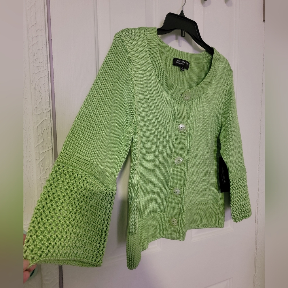 Jones New York Collection Aloe Waffle Knit Bell Sleeves Cardigan Sweater  Size L